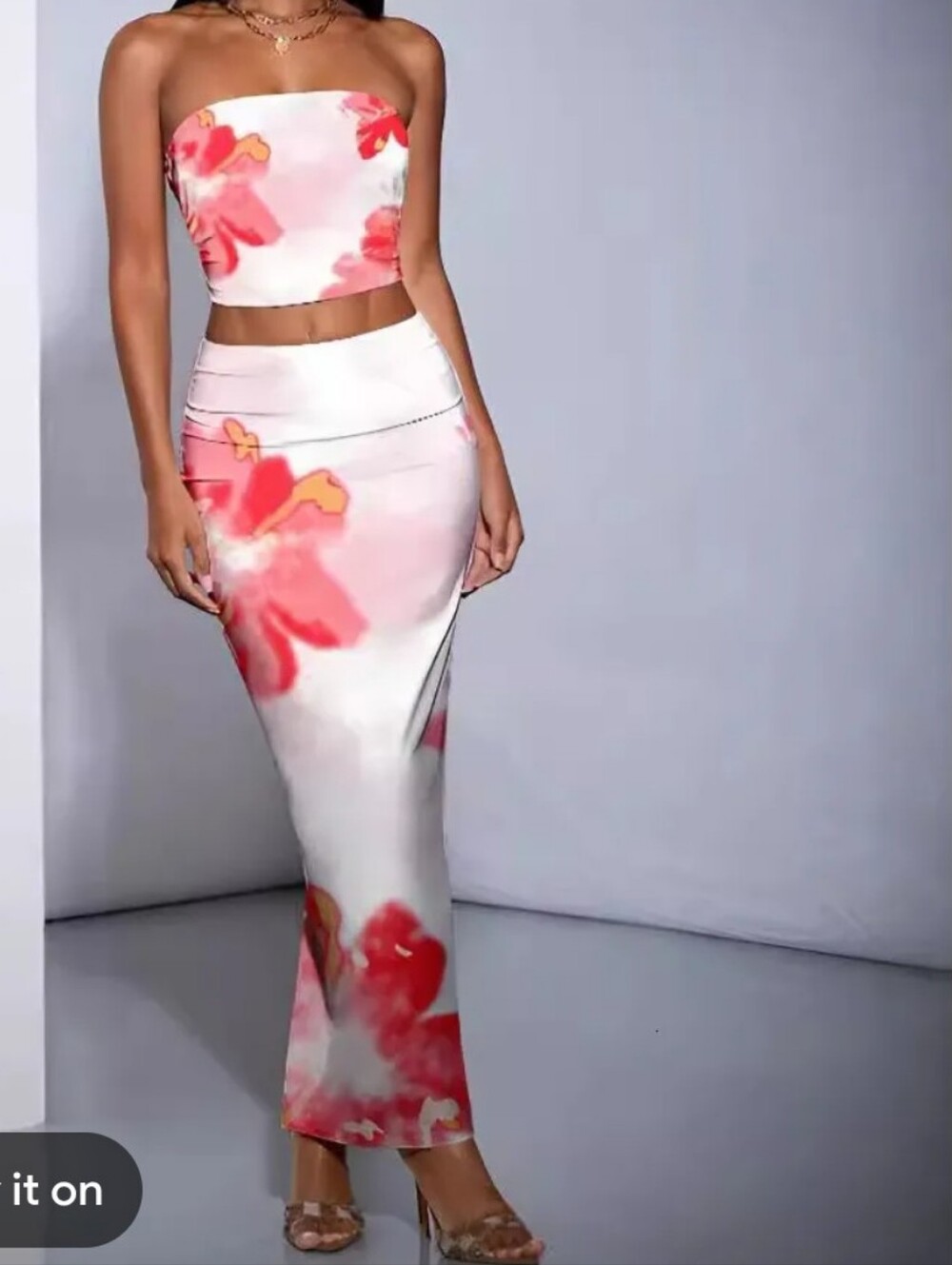 Floral tropical print bandeau crop top and maxi skirt two-piece set